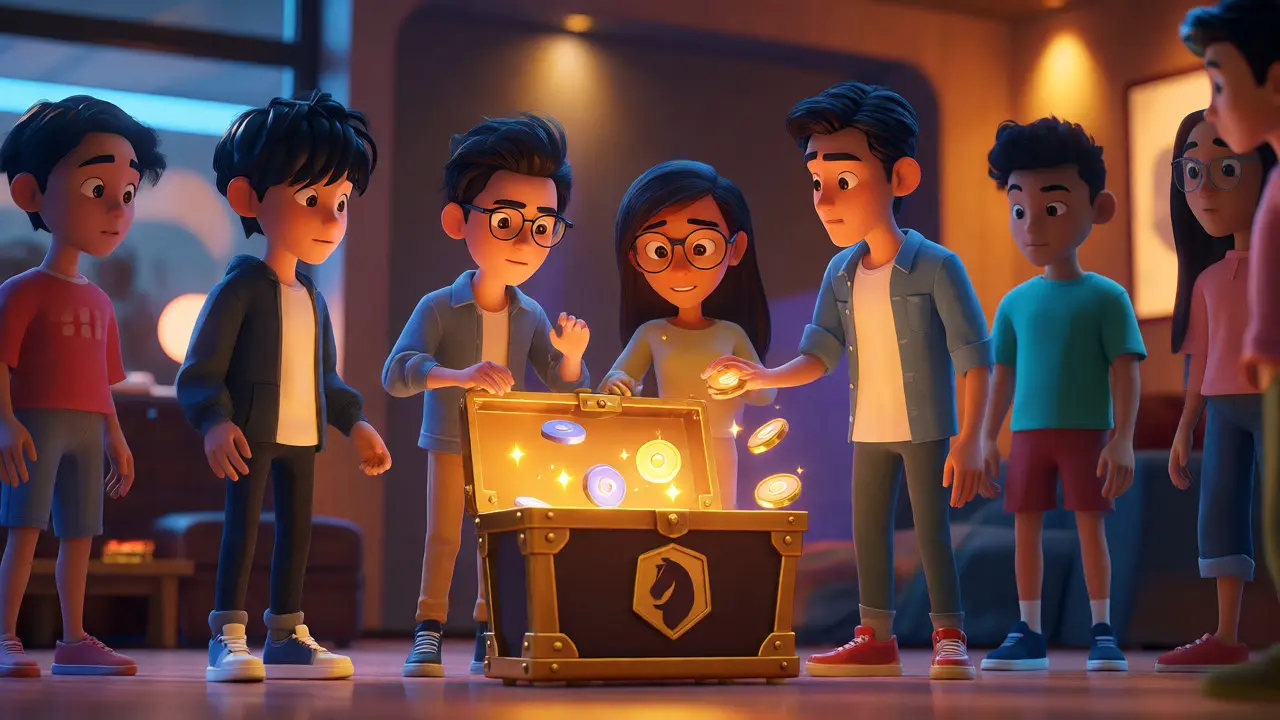 Cartoon avatars claiming tokens from a glowing treasure chest.