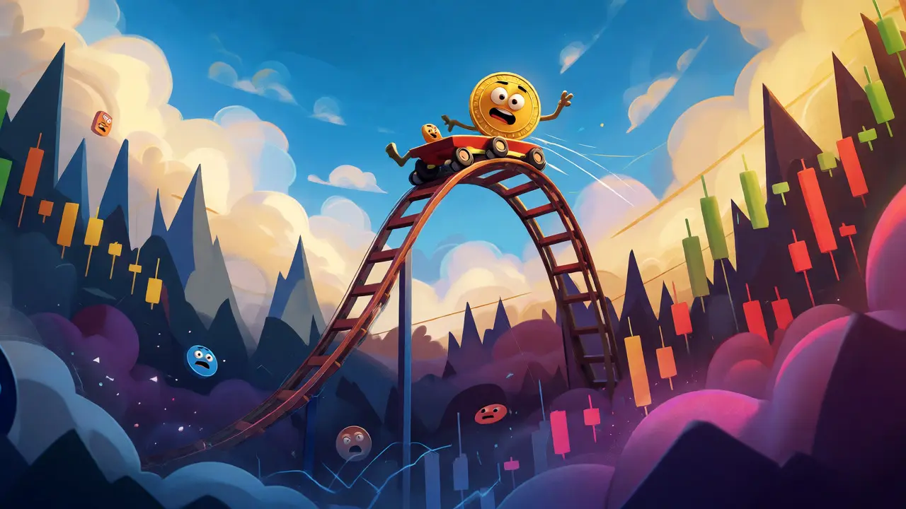 Cartoon coin character riding a volatile price rollercoaster through stormy skies.