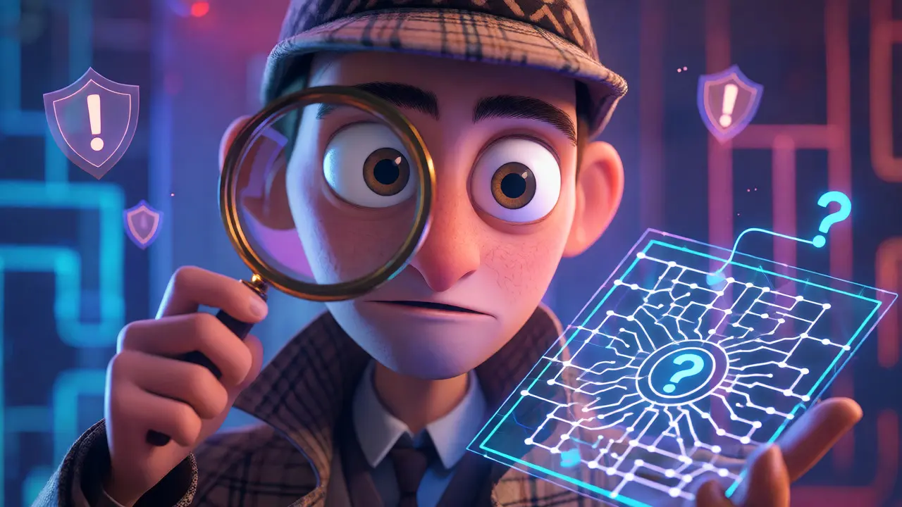 Cartoon detective examining a confusing blockchain map with a magnifying glass