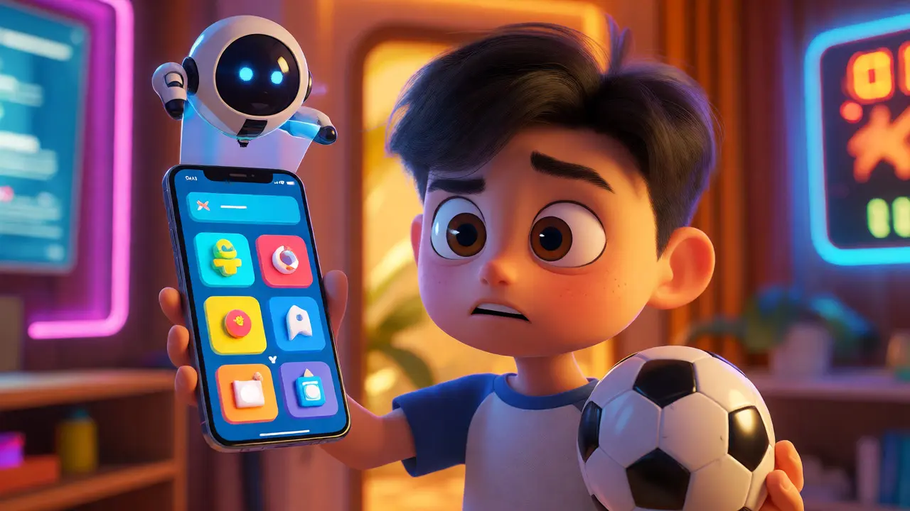 Character using a smartphone for game tasks alongside a robot helper