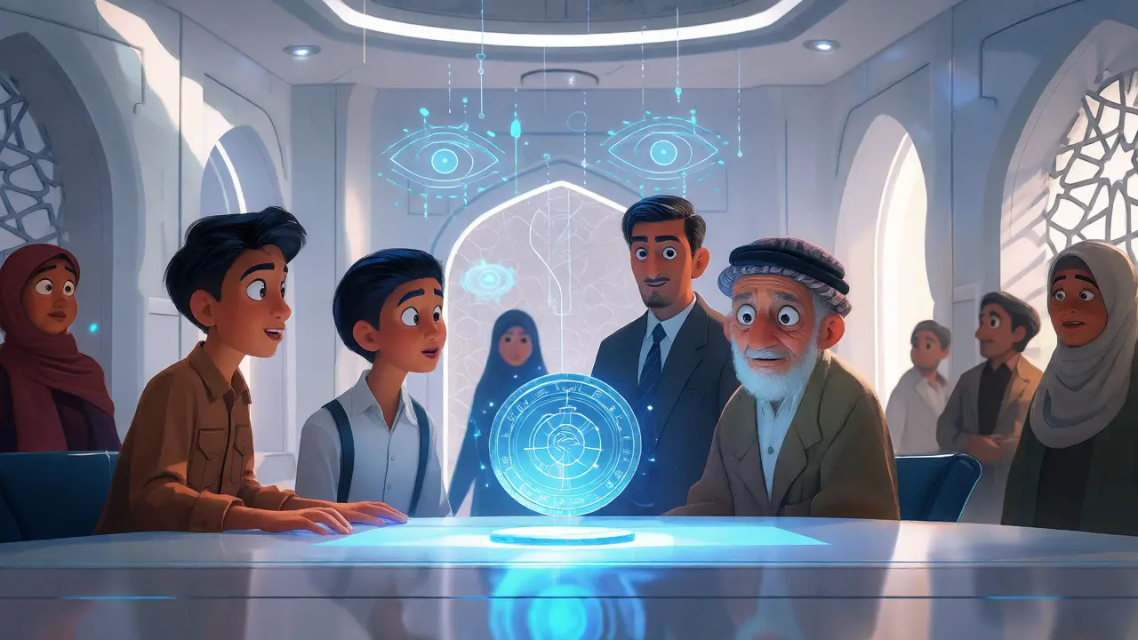 Citizens viewing a holographic digital dinar with data streams in background.