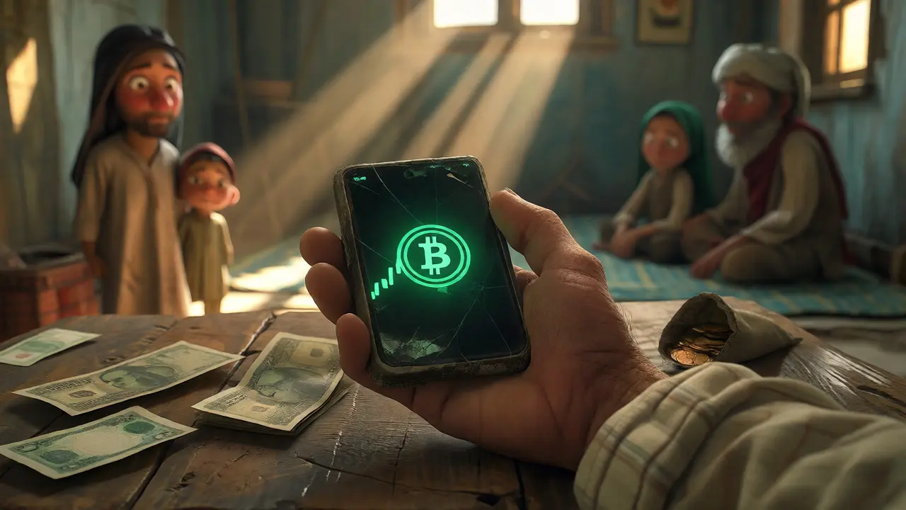 Close-up of a hand holding a phone showing Bitcoin charts above scattered local currency.