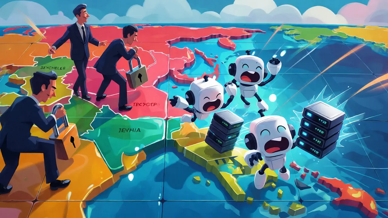Crypto mascots fleeing locked jurisdictions while regulators apply padlocks to a world map