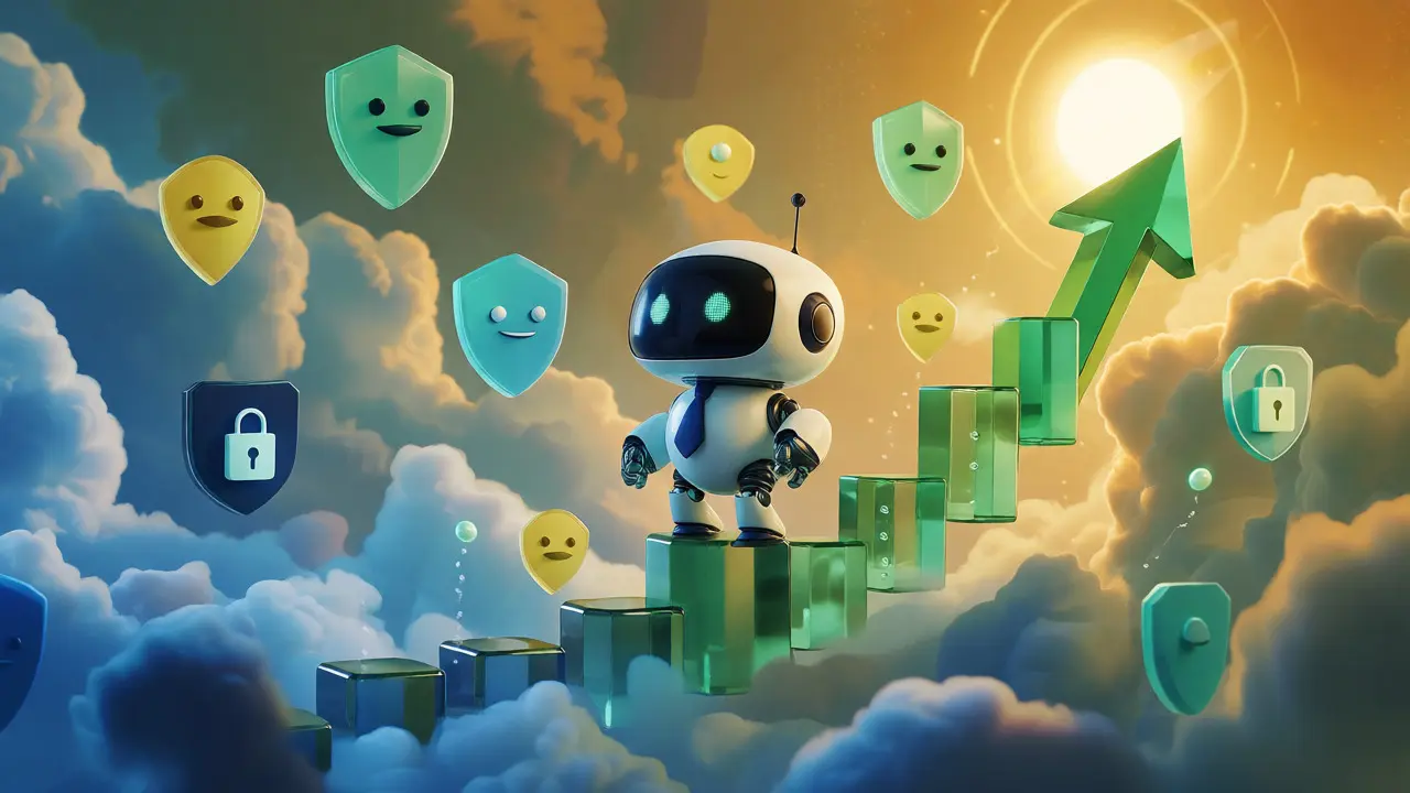 Cute robot standing on a rising green arrow amidst clouds and security shields