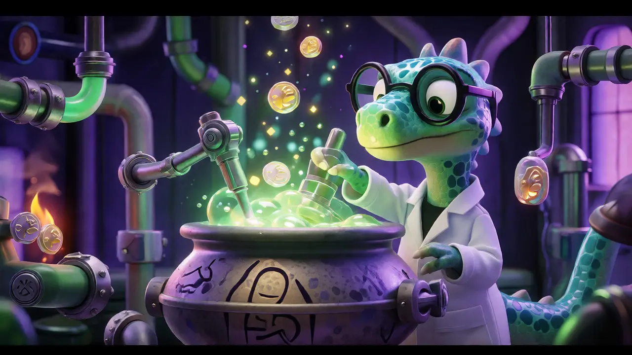 Dinosaur scientist mixing tokens in a magical DeFi laboratory