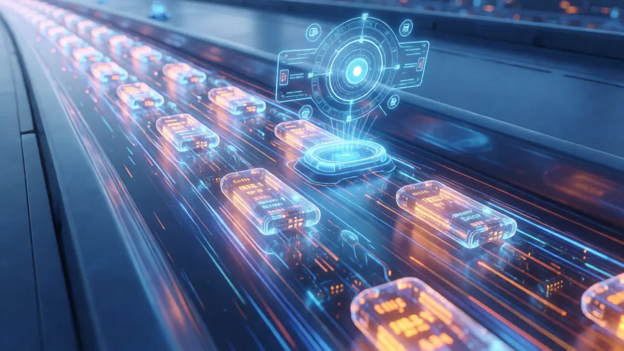 Fast-moving data packets on a blockchain highway guided by an AI hologram in Pixar style.