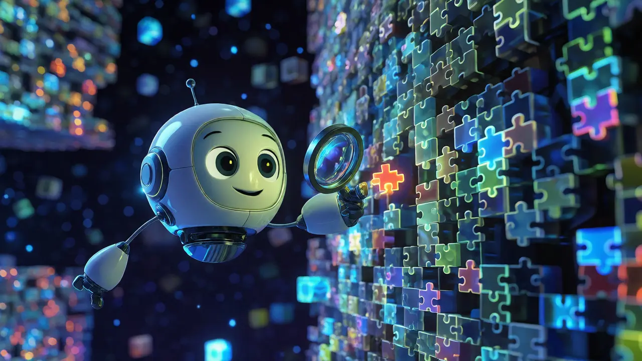 Friendly robot using a magnifying glass to verify a small data sample from a large block.