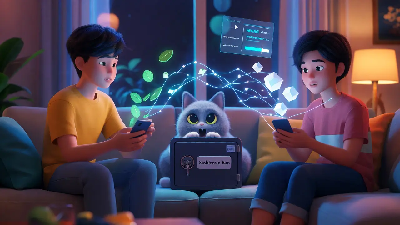 Friends exchanging crypto via P2P in a living room guarded by a cat symbolizing stablecoin bans.