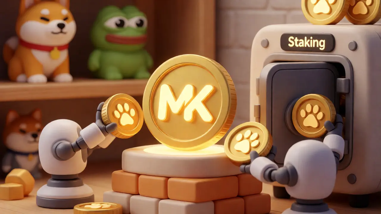 Golden MK token on a pedestal with robots managing staking rewards in a colorful setting.