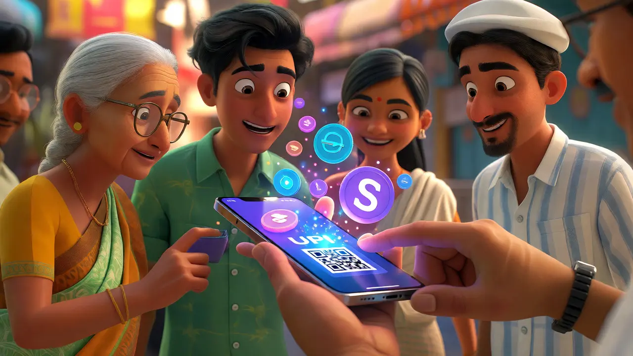 Group of Indians viewing digital coins emerging from a UPI-enabled smartphone