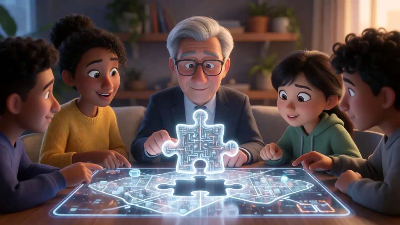 Group of people viewing a holographic token network together