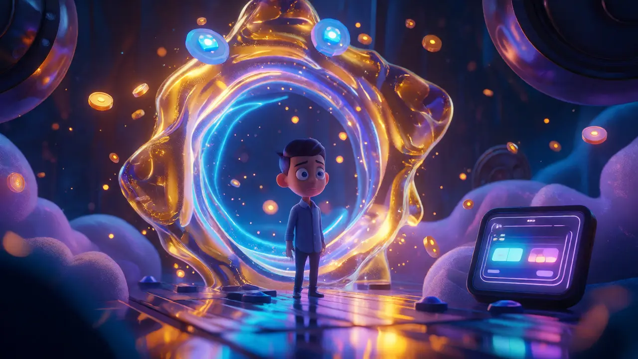 Investor avatar facing a magical liquidity pool portal in a stylized DeFi setting.