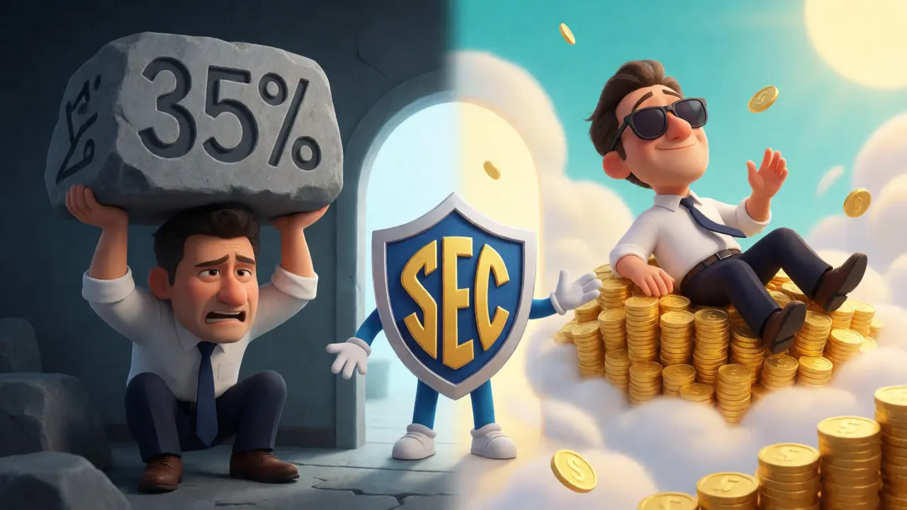 Investor escaping heavy tax burden to a sunny, tax-free digital asset cloud.