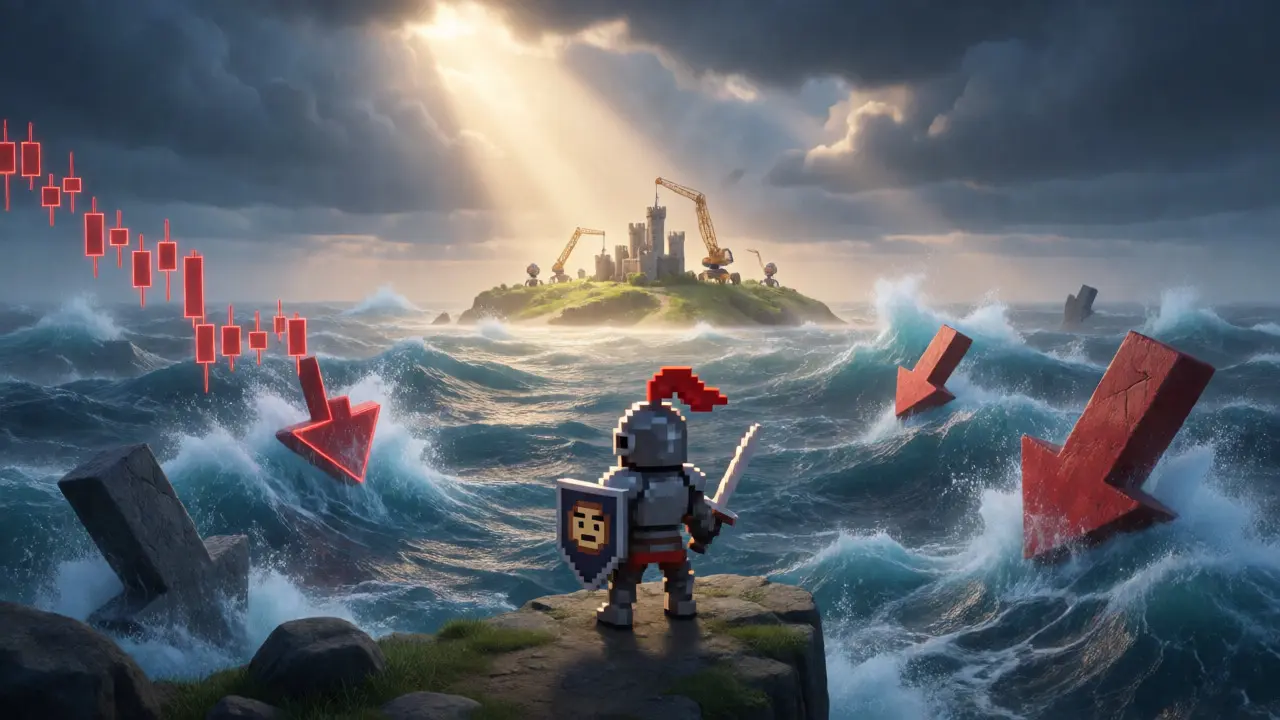 Knight overlooking a stormy sea of red price charts with a sunny island in the distance.