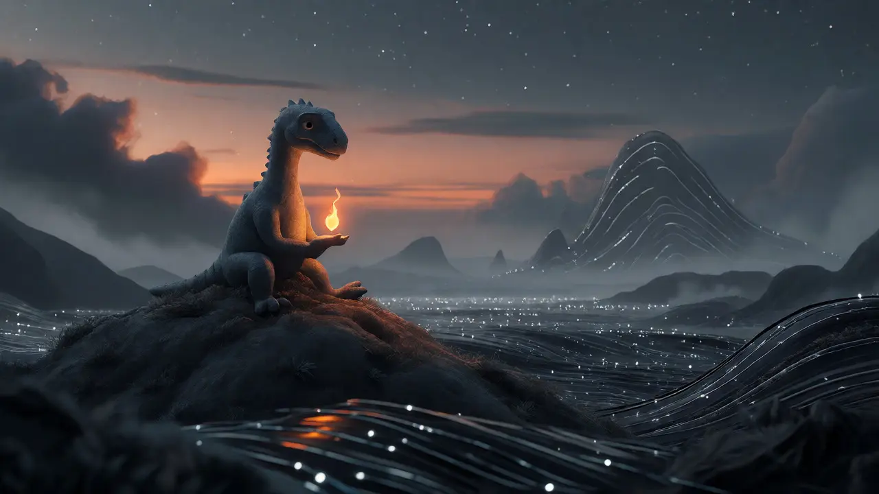 Lonely dinosaur statue holding a flame on a twilight hill