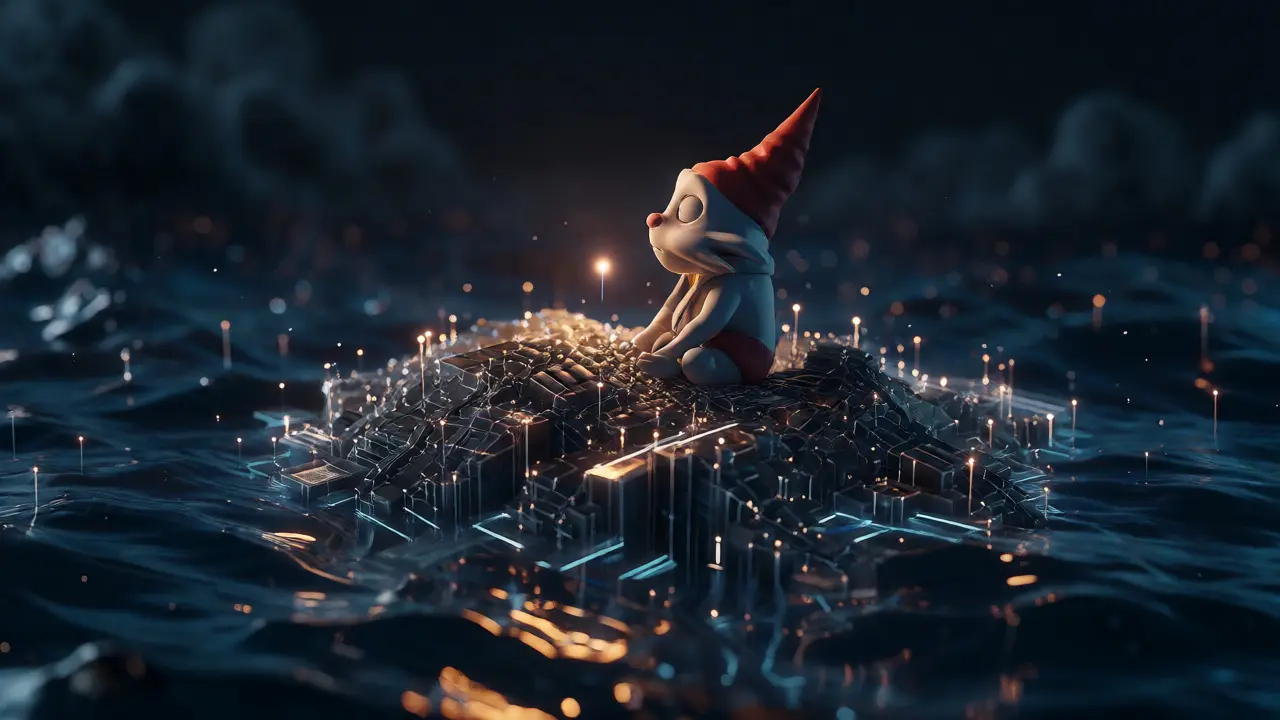 Lonely Gnomy mascot on an isolated data island reflecting low liquidity risks.