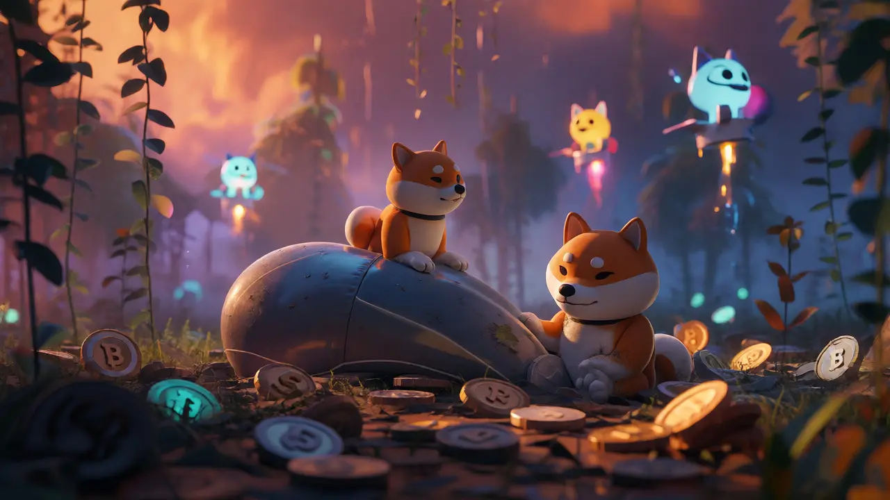 Lonely Shiba Inu mascot sitting on a deflated balloon in a quiet digital landscape.