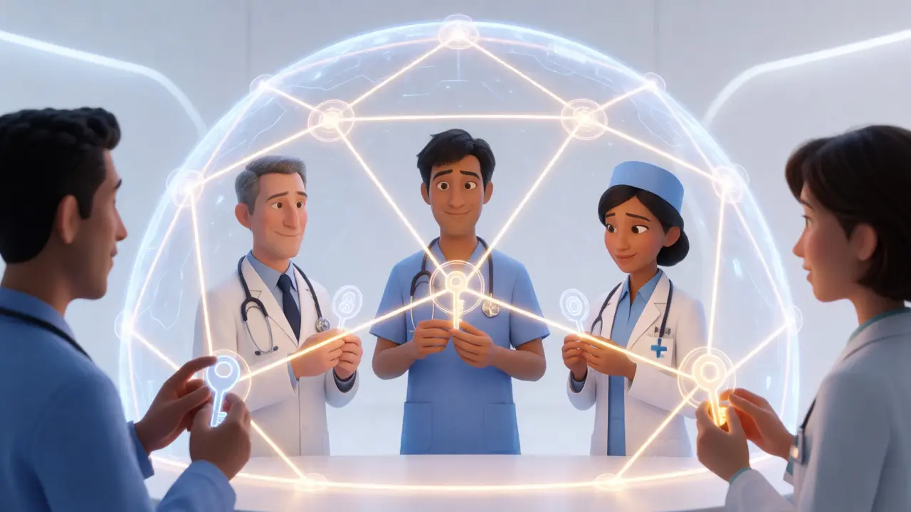 Medical professionals connected by glowing digital threads in a secure blockchain network illustration.