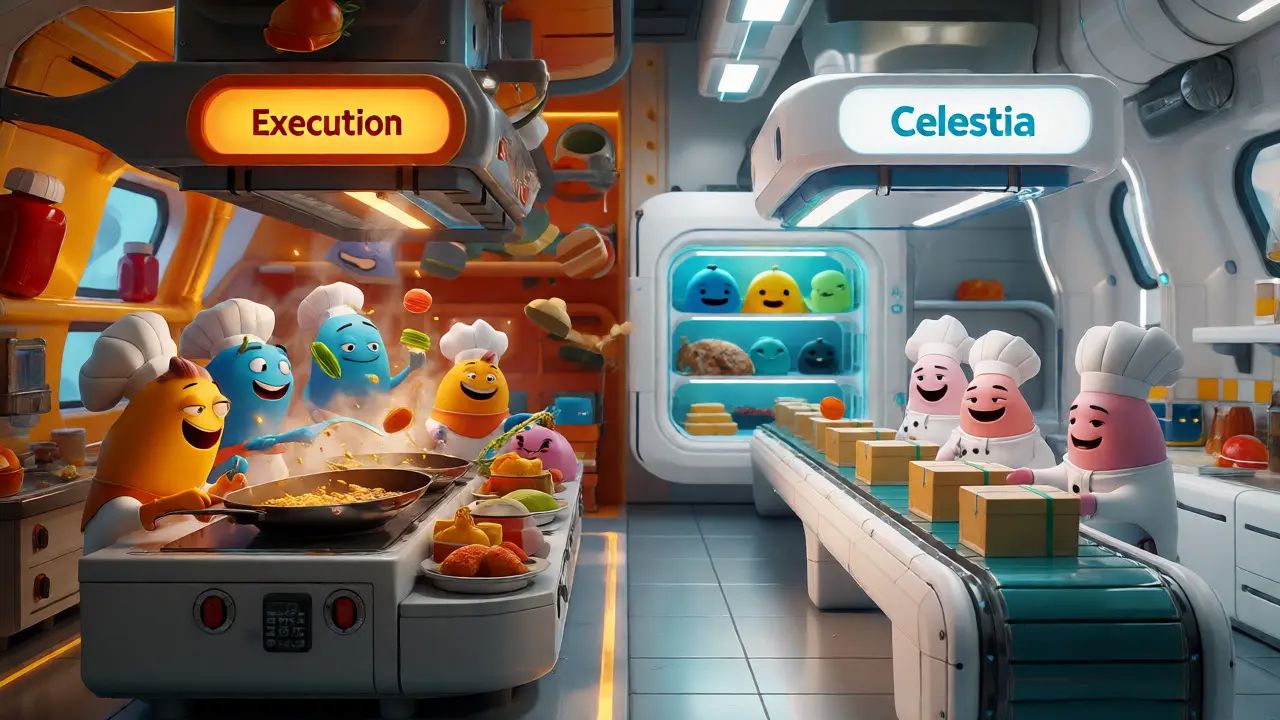 Modular kitchen scene where chefs cook freely while a separate station delivers data ingredients.