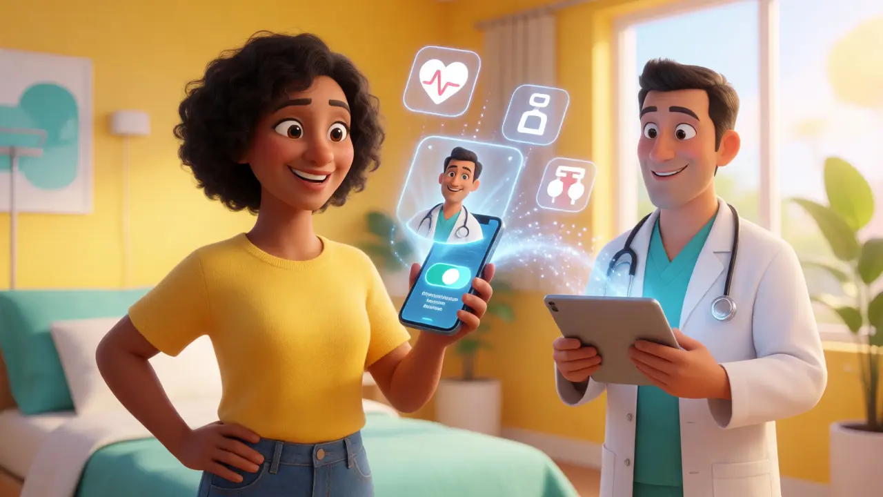 Patient using a smartphone to grant secure access to a doctor via a holographic interface.