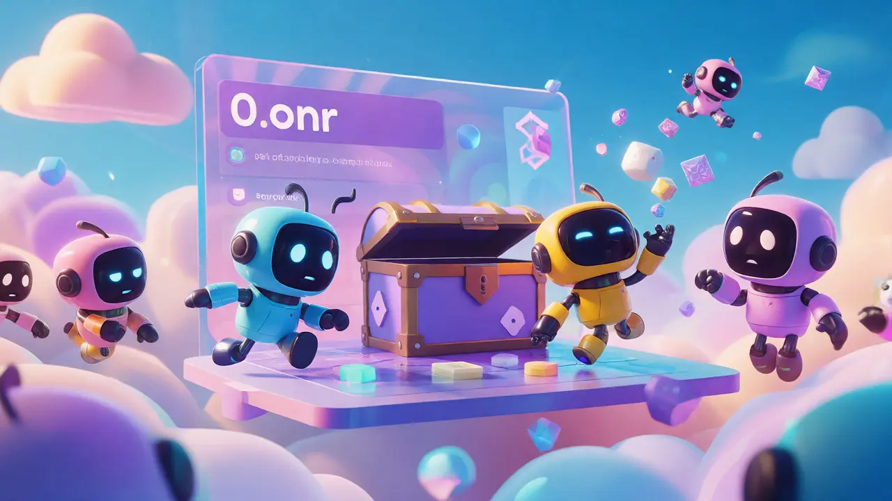 Playful robots interacting with an empty token chest in a digital cloud setting.