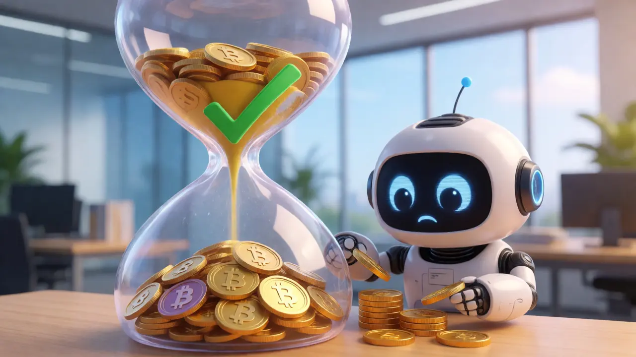 Robot accountant sorting crypto coins flowing through an hourglass of compliance.