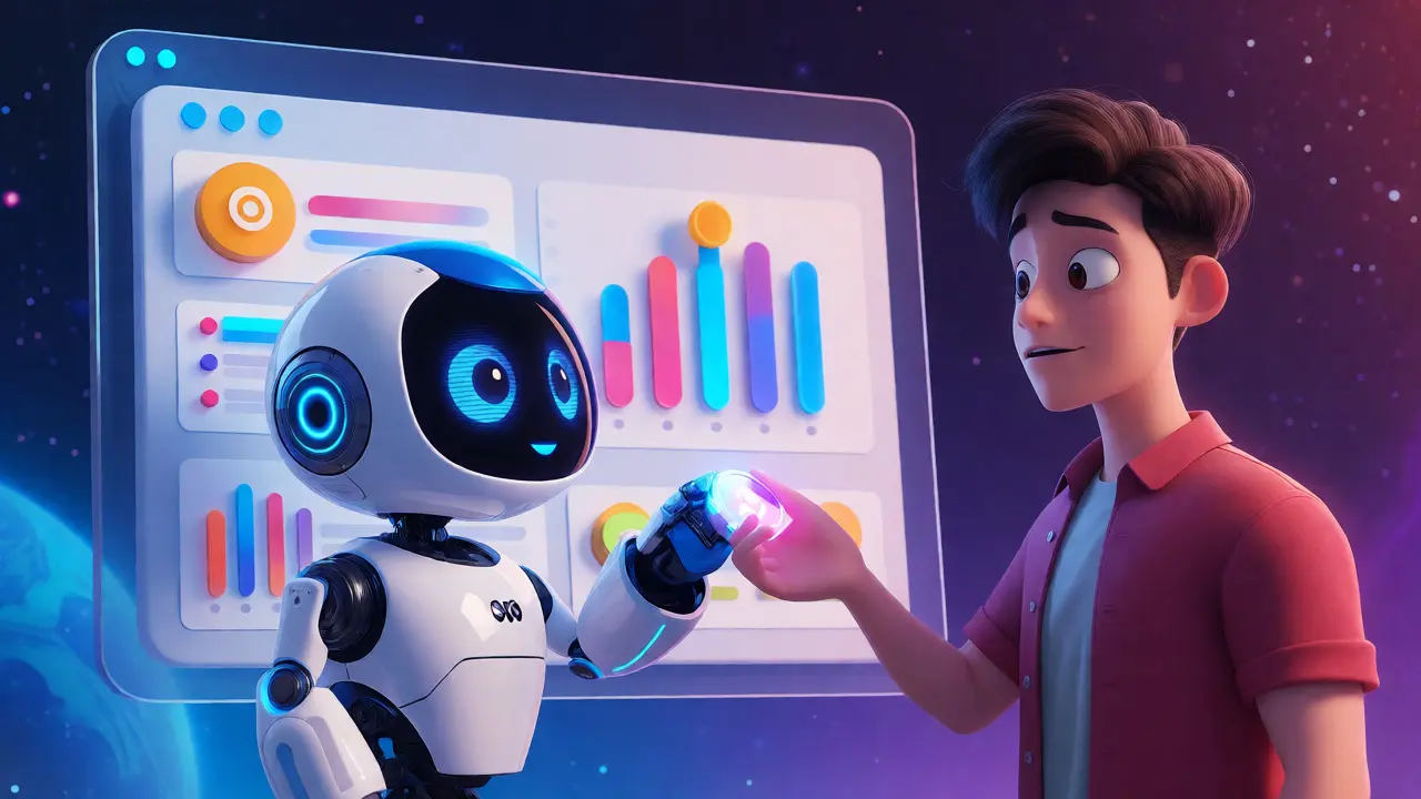 Robot assistant handing a token to a user in a cosmic-themed learning interface.