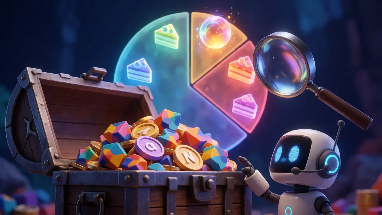 Robot mascot guarding a treasure chest filled with abstract NFT tokens