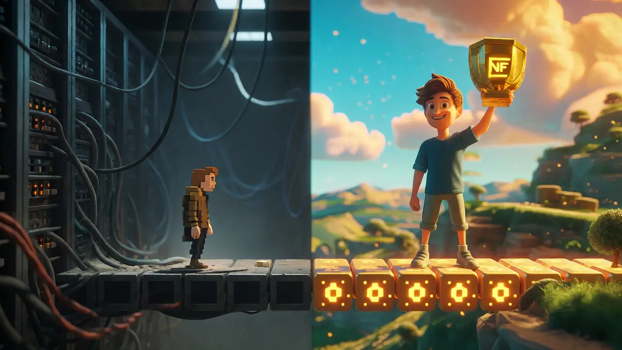 Split scene comparing old gaming servers with a bright, decentralized future world.