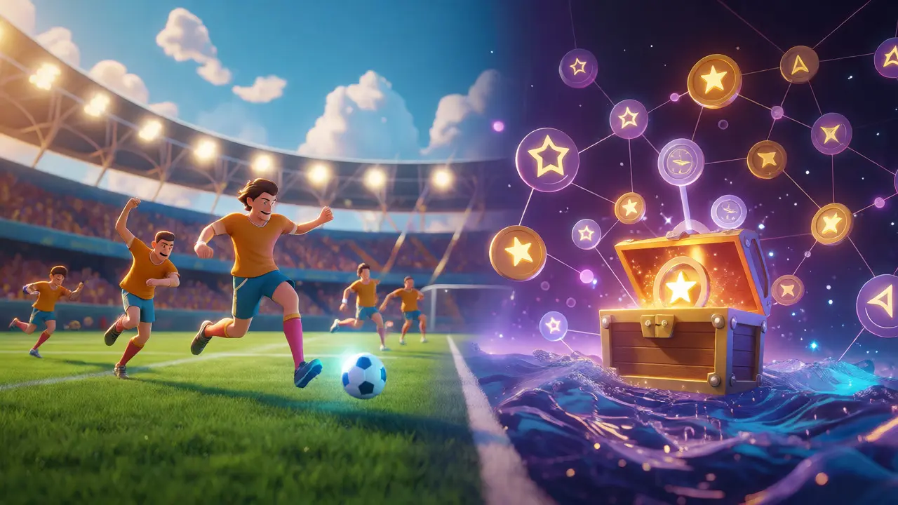 Split scene showing football action connected to blockchain token rewards