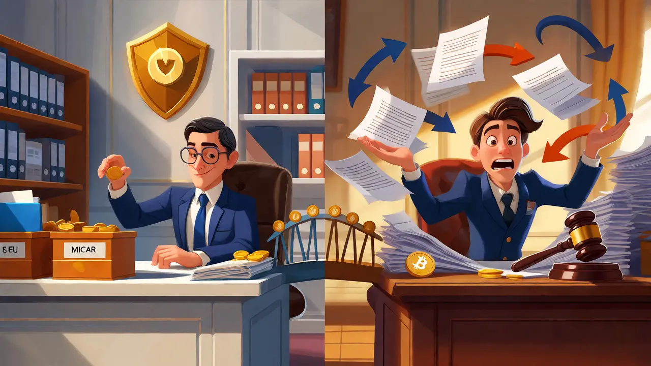Split view comparing EU order and US chaos in crypto laws