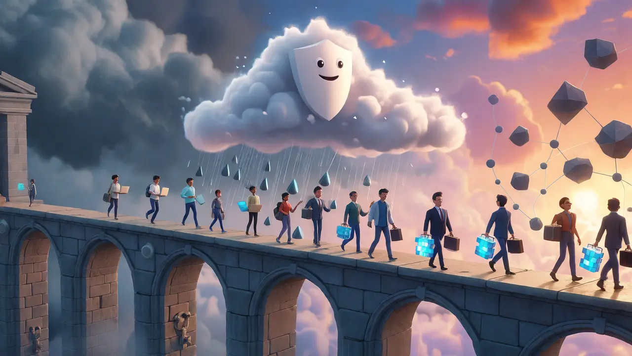 Stylized bridge connecting traditional banks and DeFi under protective cloud