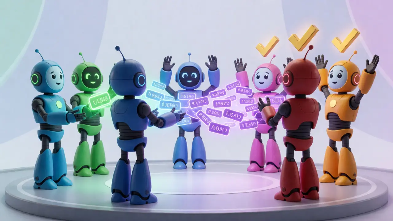 Three robot validators exchanging data packets in three phases to achieve blockchain consensus.