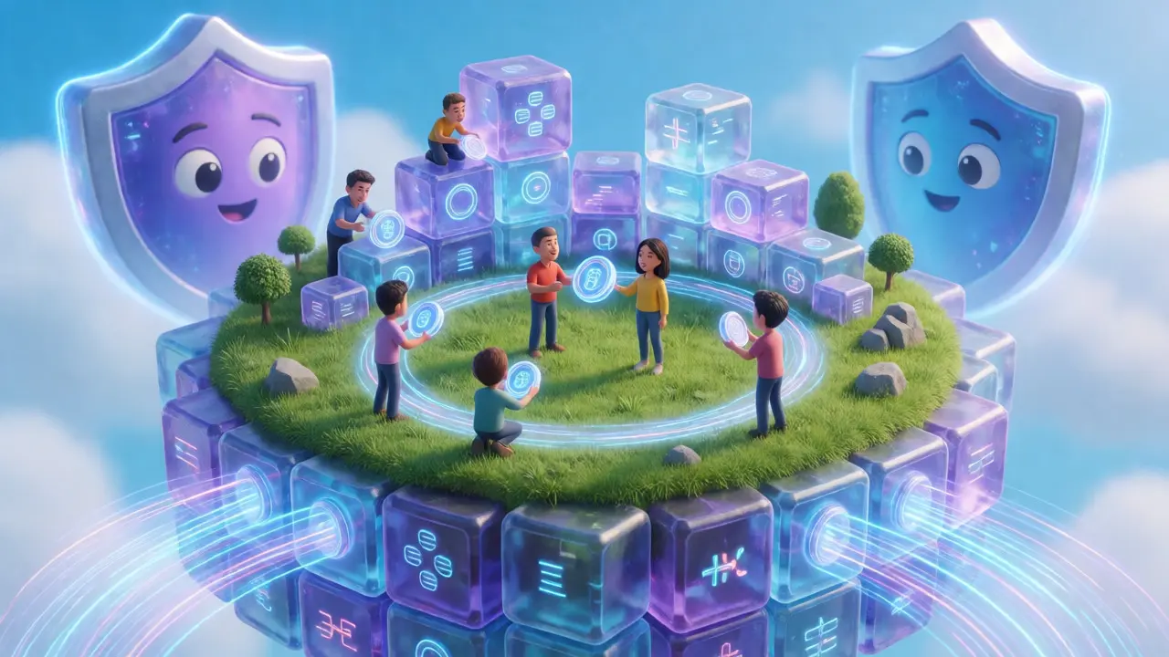 Tiny figures exchanging tokens on a floating blockchain island with security shields.