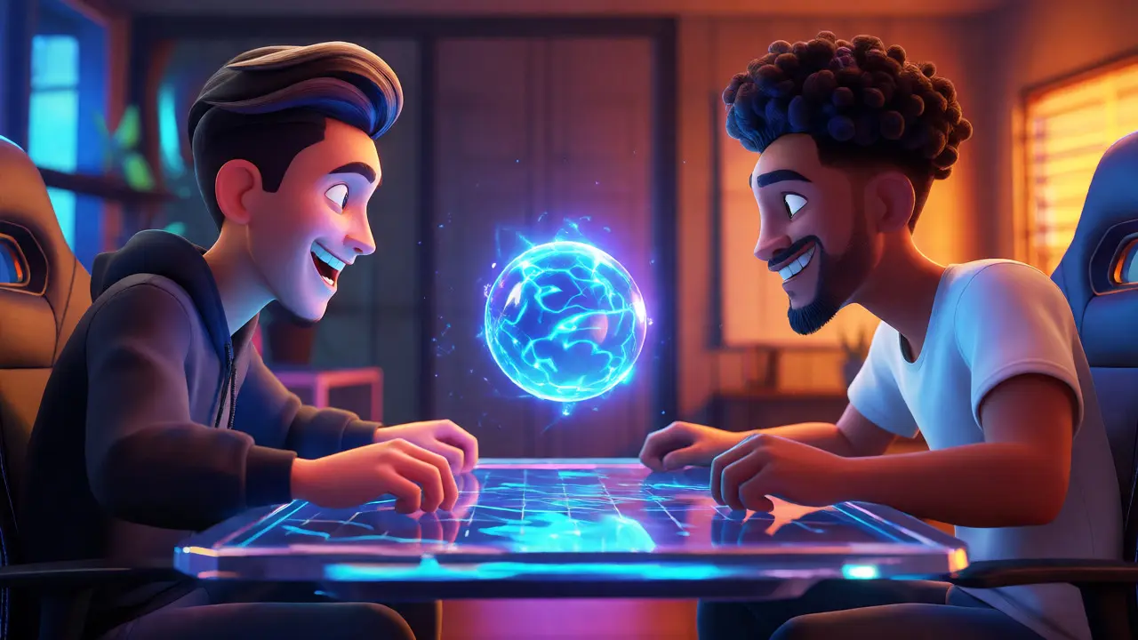 Two animated avatars competing in a skill-based game with a glowing wager orb