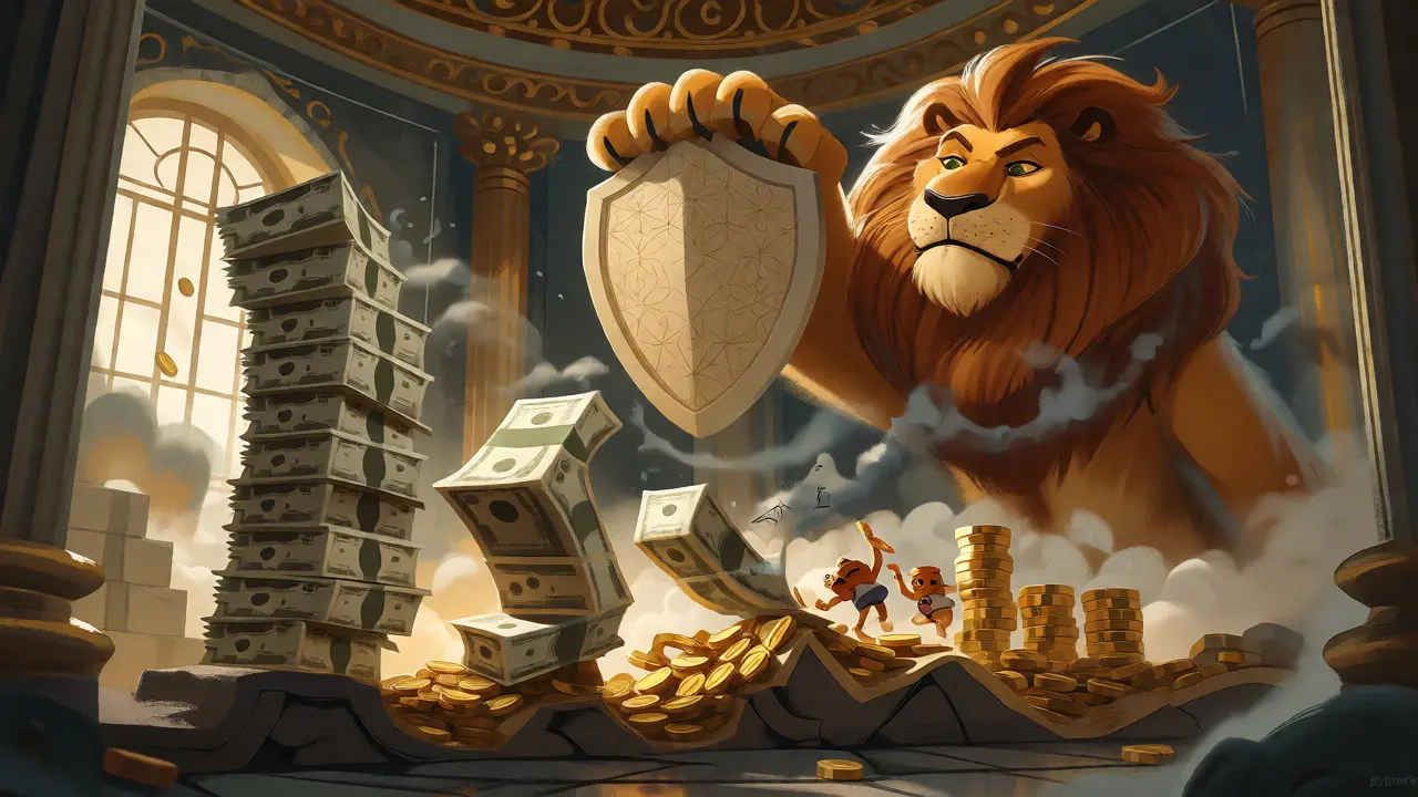 Wobbly stacks of Iraqi Dinar falling while a lion guards gold reserves.