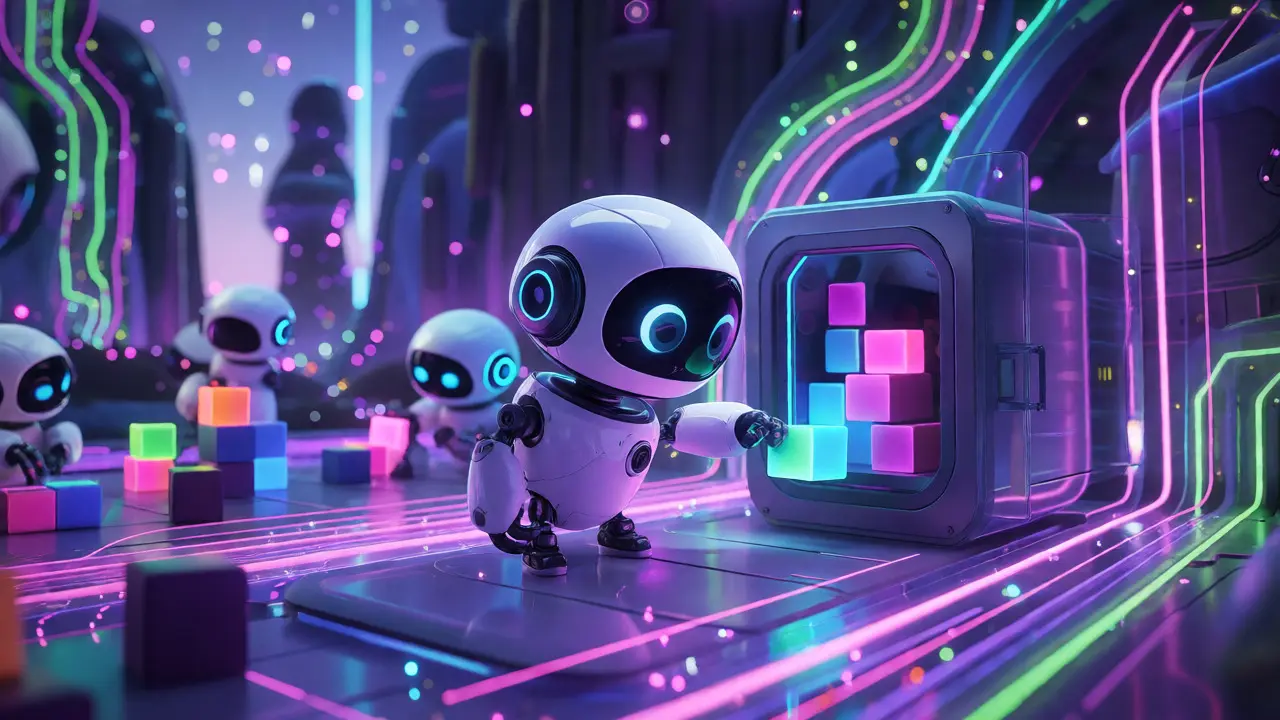 A cute robot placing glowing blocks into a vault in a futuristic digital city, representing crypto staking.