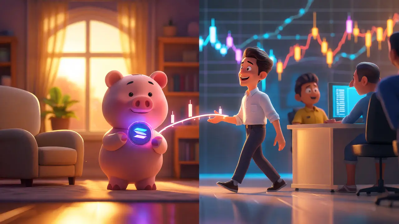 A split view comparing a cozy tax-free savings environment with a complex trading floor, connected by a light bridge.