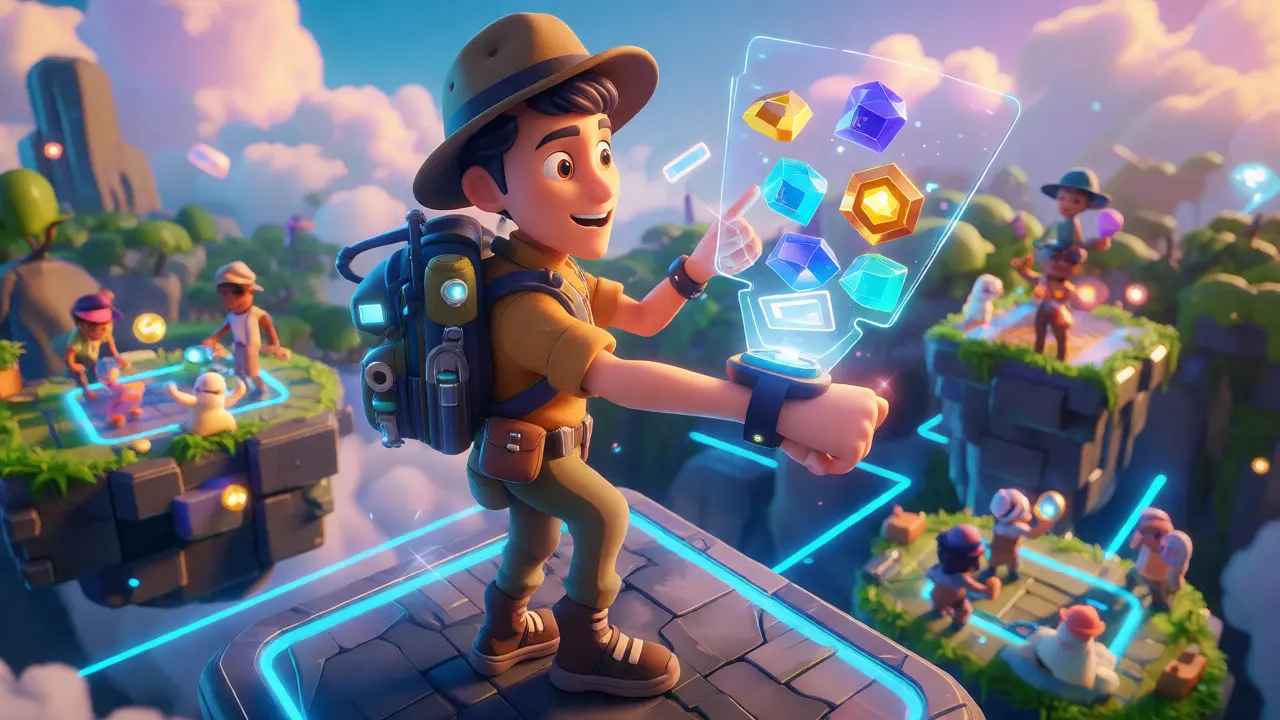 Avatar collecting digital gems in a vibrant metaverse world