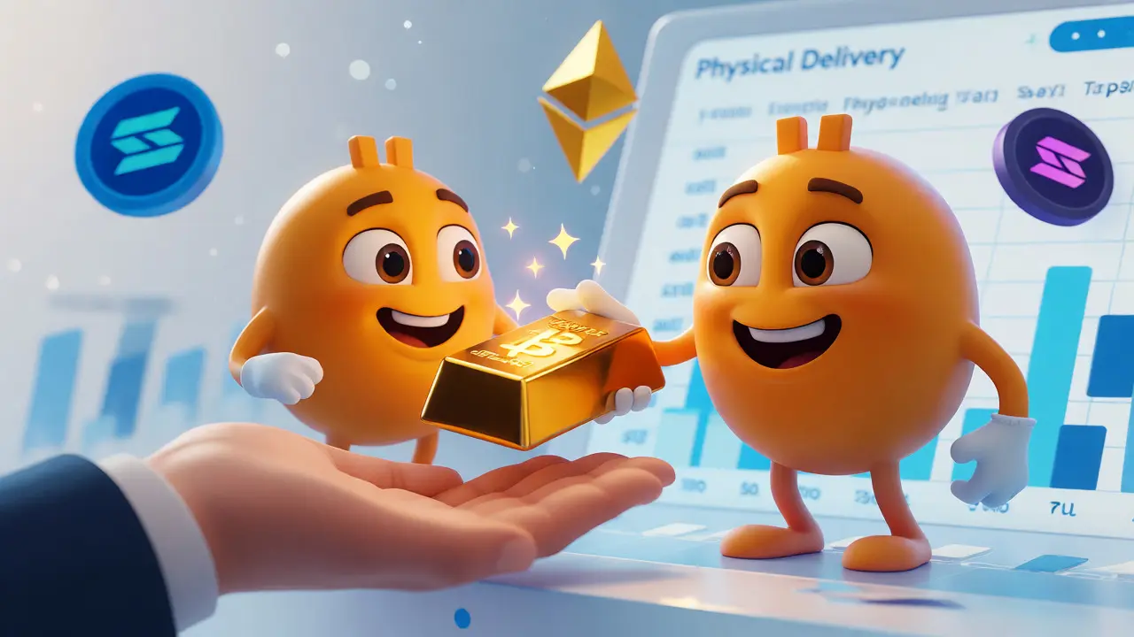 Bitcoin character physically delivering a gold bar to a trader for settlement
