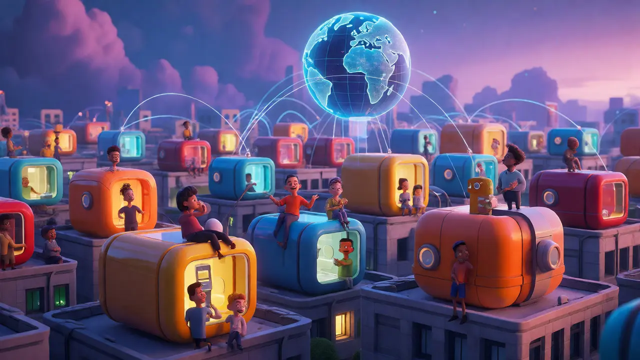 Community tending rooftop nodes connected to a global network.