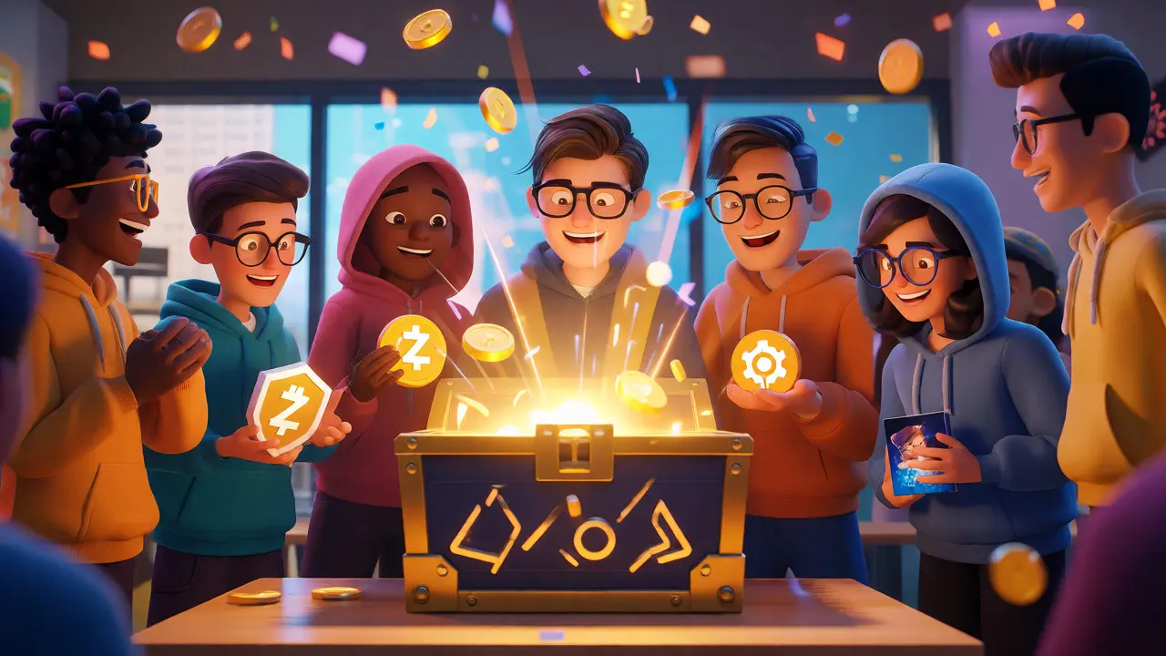 Developers celebrating an airdrop with golden tokens flying from a treasure chest