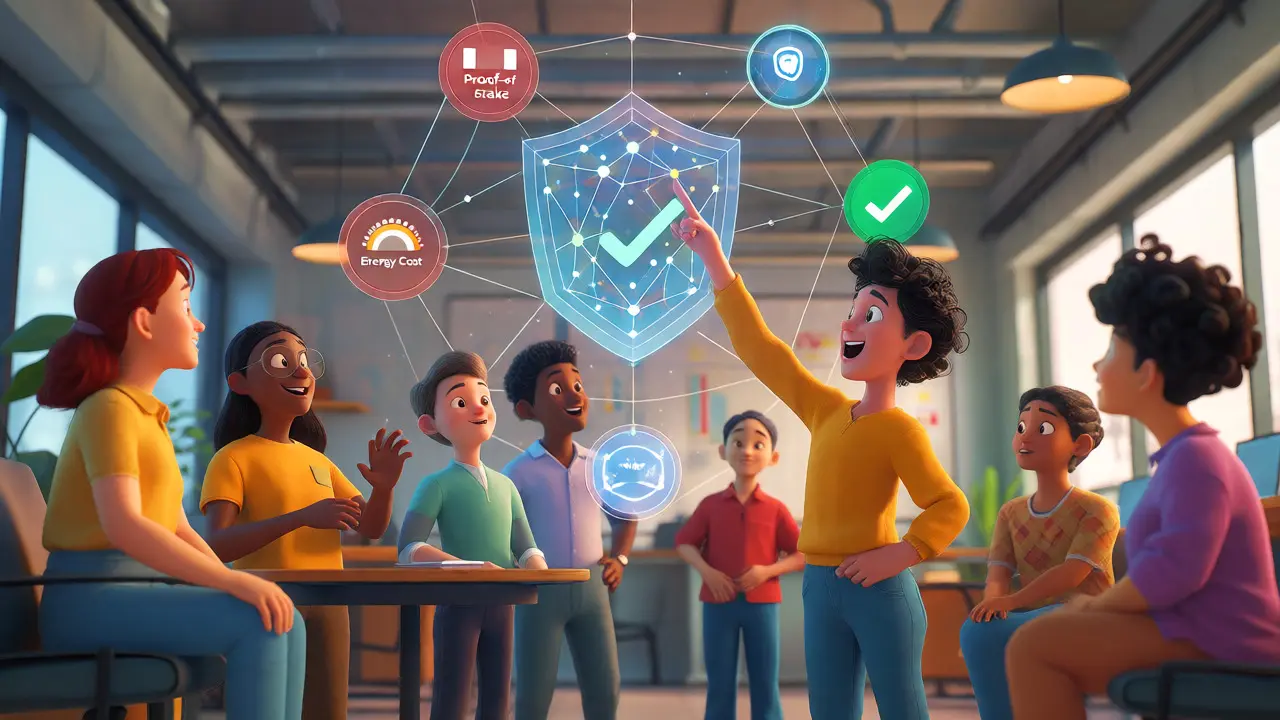 Diverse group analyzing a holographic blockchain network for ESG metrics.