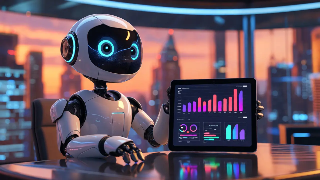 Futuristic robot assistant analyzing synthetic asset trends on a glowing tablet in a modern office.