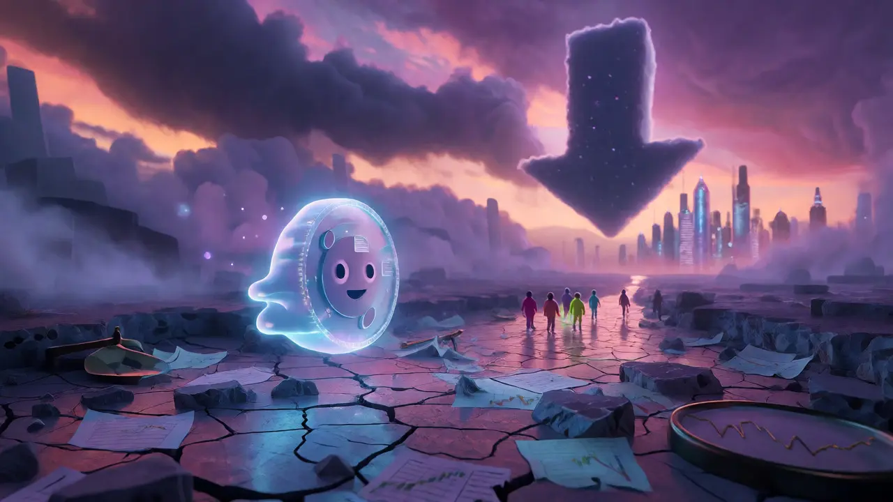 Ghost coin floating over a dry riverbed as people walk away