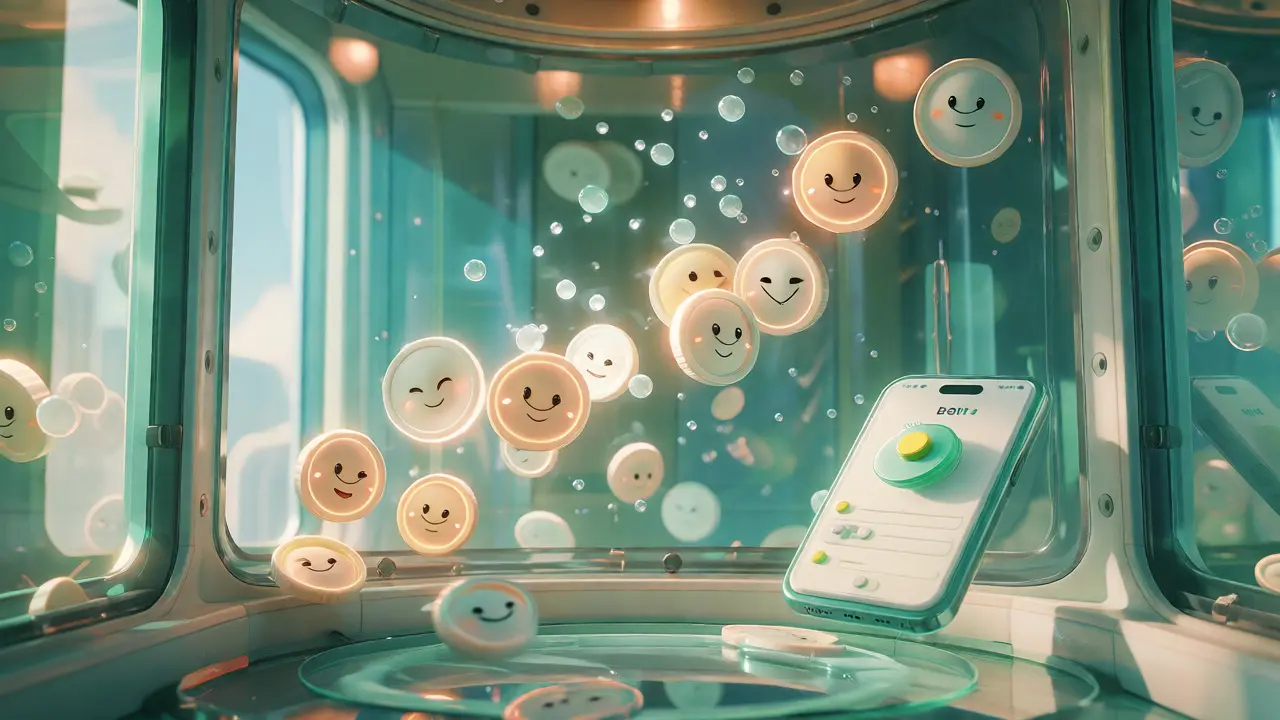Glowing token characters rising like bubbles inside a transparent digital vault.