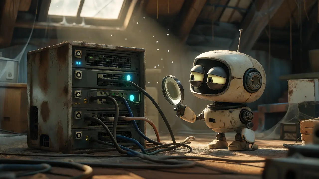Robot trying to connect to an old, dusty server in a cluttered attic
