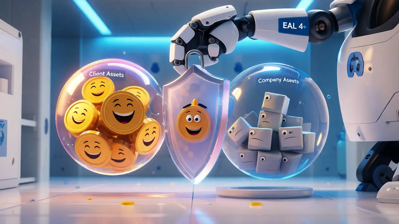 Secure separation of client crypto assets from company funds depicted as protected bubbles in a lab.