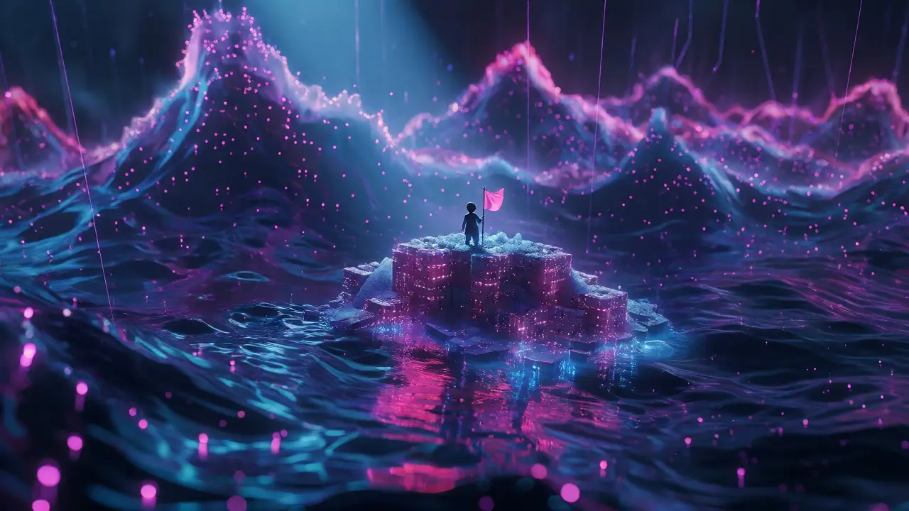 Small character on a tiny blockchain island facing large waves representing major DeFi competitors.