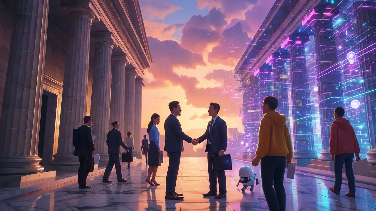Traditional bankers and tech developers collaborating at the intersection of classic banking and digital assets.